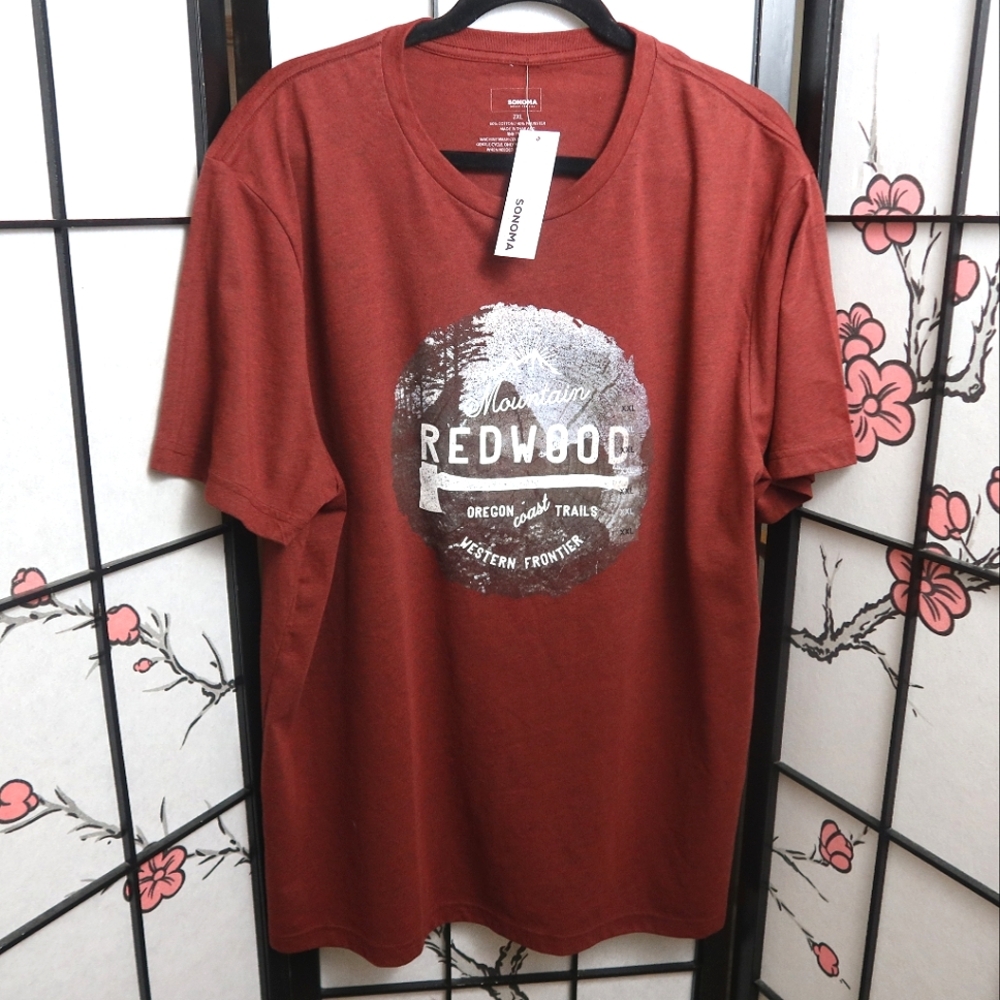 Sonoma Rust Red Short Sleeve Tee with Distressed Mountain Redwood Graphic 2XL